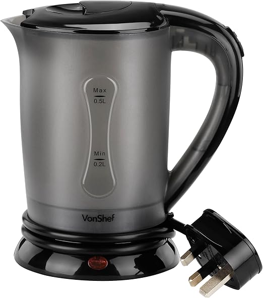 VonShef Travel Kettle with 2 Cups Dual Voltage, Electric, 650W Wide