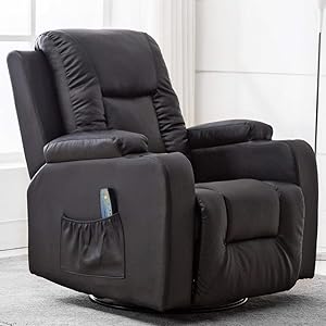 ComHoma Leather Recliner Chair Modern Rocker with Heated Massage Ergonomic Lounge 360 Degree Swivel Single Sofa Seat with Drink Holders Living Room Chair Black