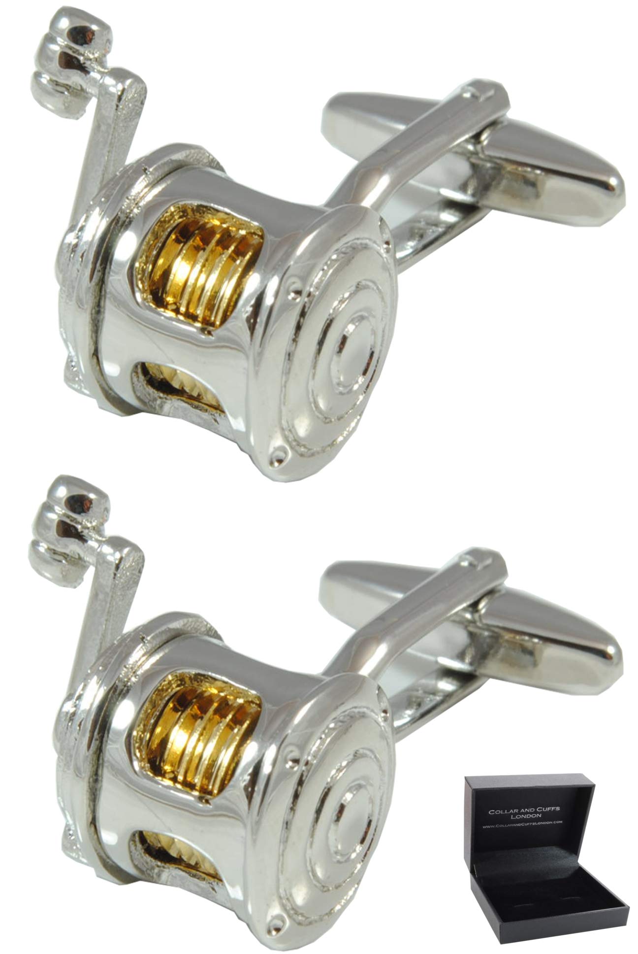 Cufflinks for Men + Presentation Box - Fish - Fishing Reel - Brass Metal - Angling Sea Rod Nautical Line - Silver and Gold Colours - One Pair
