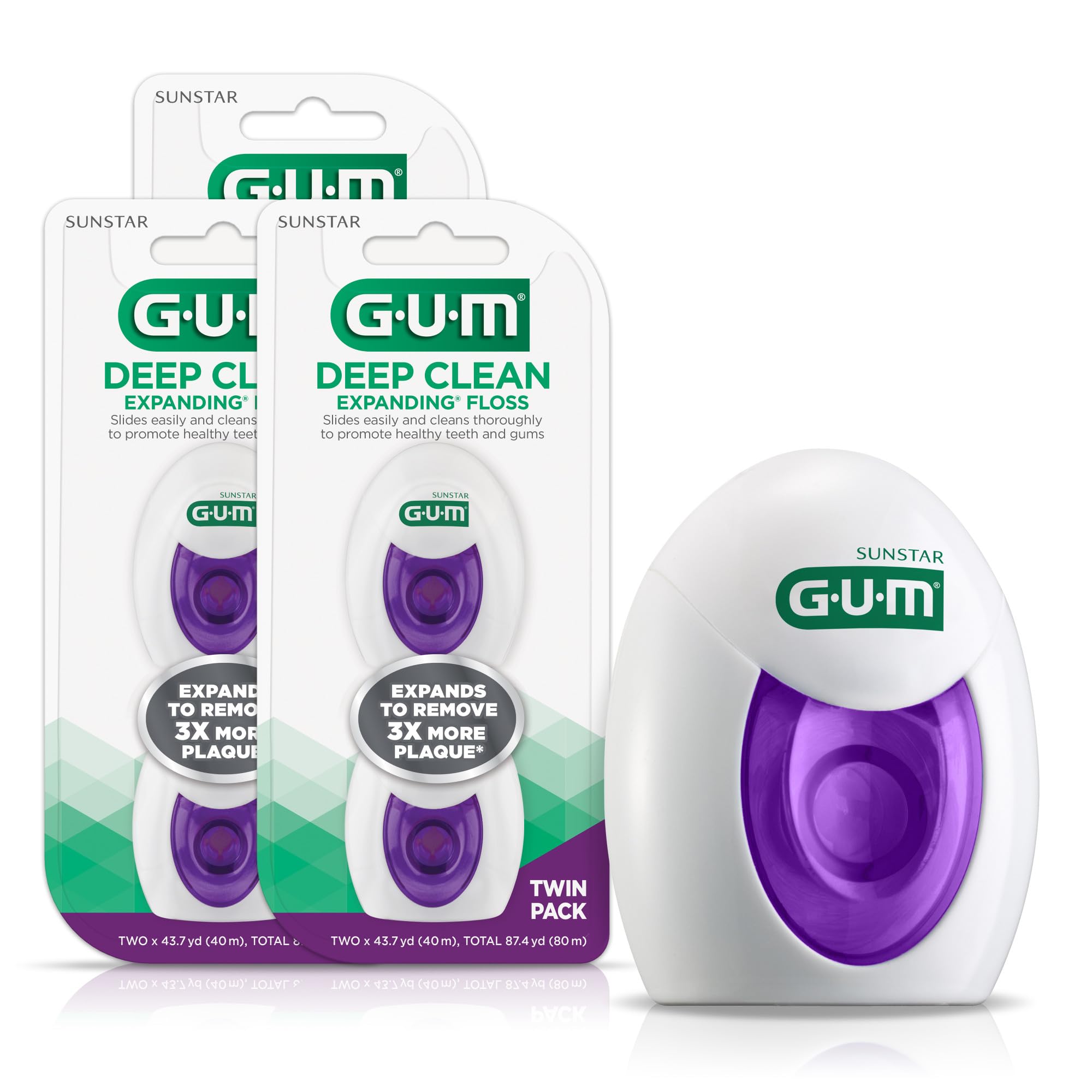 GUM Deep Clean Expanding Dental Floss - Waxed Woven Floss - Effective Plaque Removal for Tight Teeth - Unflavored, 2ct (3pk)