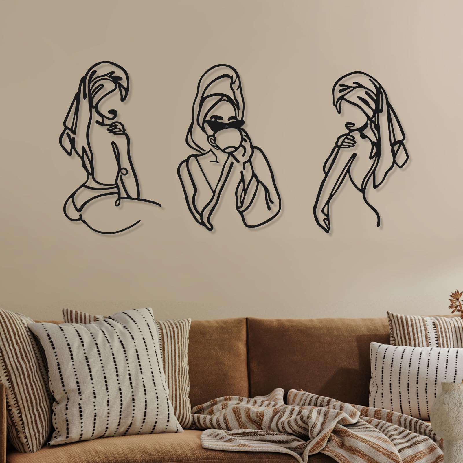 Photect 3 Pcs Metal Wall Art Decor Minimalist Abstract Woman Wall Art Metal Modern Line Drawing Decor Female Single Line Home Hanging for Bedroom Bathroom Living Room Housewarming(Romantic,Black)