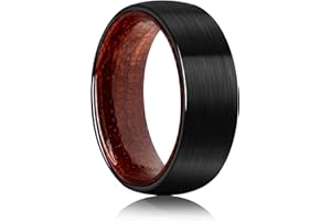 JEWPER Tungsten Rings for Men Womens 8mm Black Silver Fashion Promise Wedding Band Carbide Inner Hole Inlaid Whiskey Barrel Wood Chamfer Frosted Matte Finish Edge Comfort Fit size 7-12