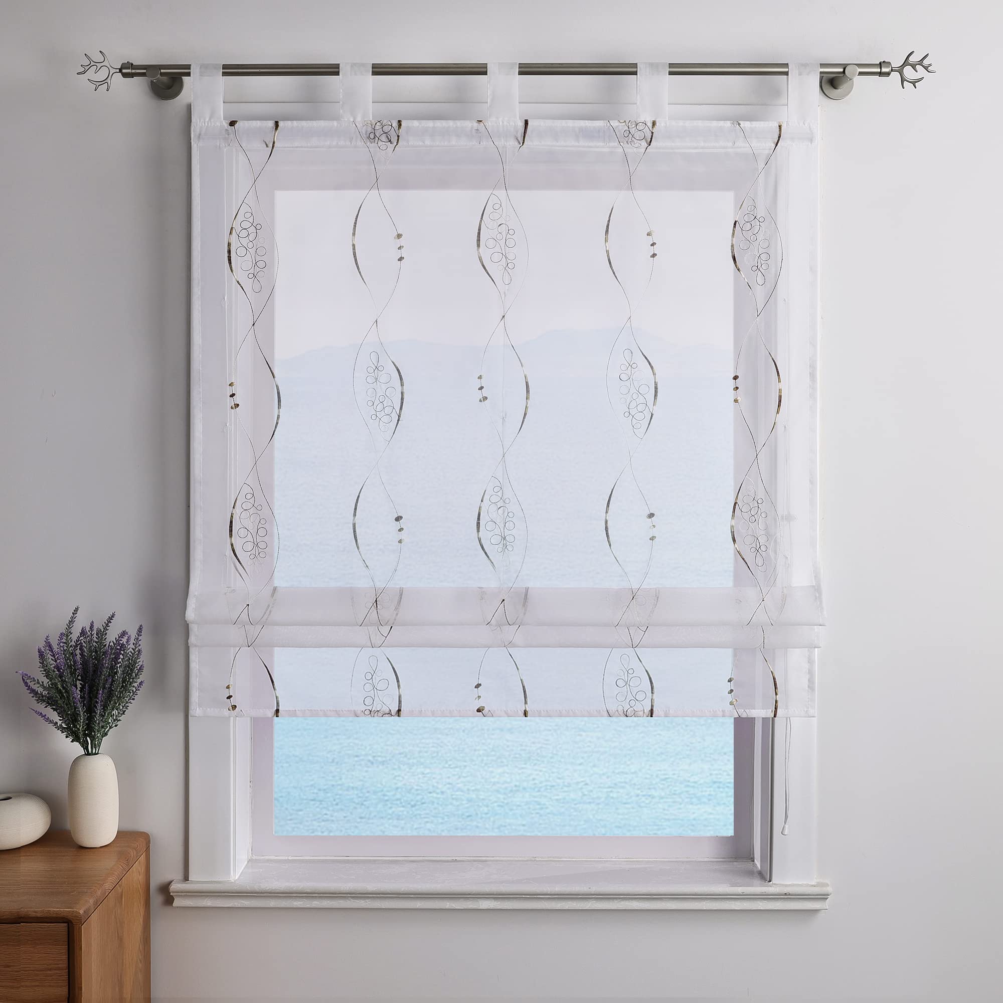 ESLIR Roman Blind with Loops, Kitchen Modern Roman Curtains, Transparent Tab-Top Blind, Embroidered Curtains with Embroidery, Brown, W x H, 100 x 140 cm, Pack of 1