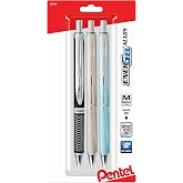 Pentel Energel 0.7mm Alloy Rt Retractable Gel Ink Pens - Pack of 3 - Black, Silver and Aquamarine Colored Metal Barrels