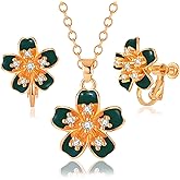 EVEVIC Flower Pendant Necklace Clip On Earrings Set for Women 14K Gold Plated Hypoallergenic Cherry Blossom Floral Jewelry Sets