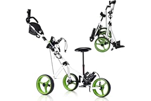 Tangkula Foldable Collapsible 3 Wheels Golf Push Cart with Seat, Foot Brake, Adjustable Umbrella Holder & Seat, 4 Height Position Handle