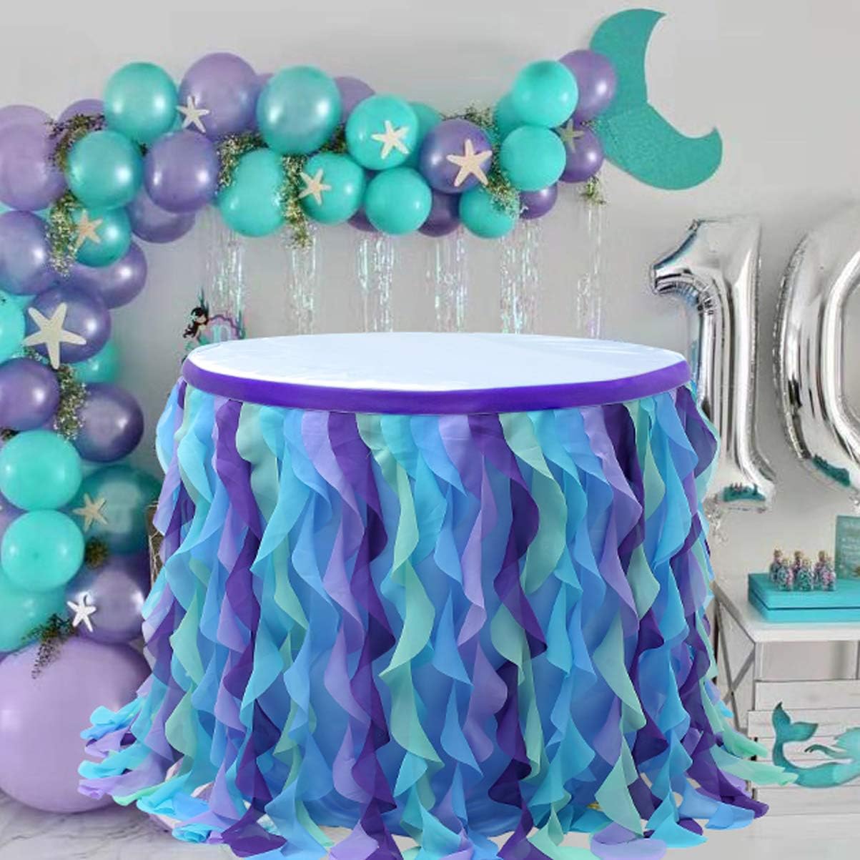ROMANTIC PLAN Table Skirt Rectangular Round Table Chiffon Curly Strips for Birthday Wedding Parties Decoration Mermaid 6ft