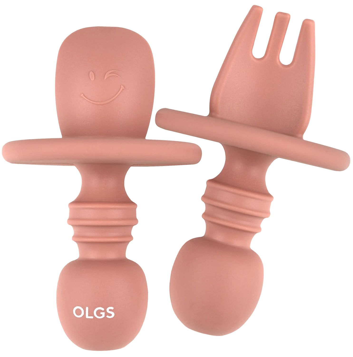 Silikon Kinderbesteck 2er Set Rosa | Das erste Babybesteck Gabel und Löffel BPA-frei | Beißring zum Zahnen Beißspielzeug für Babys und Kinder | Selbstfütterndes Besteck für Mädchen (Muted)