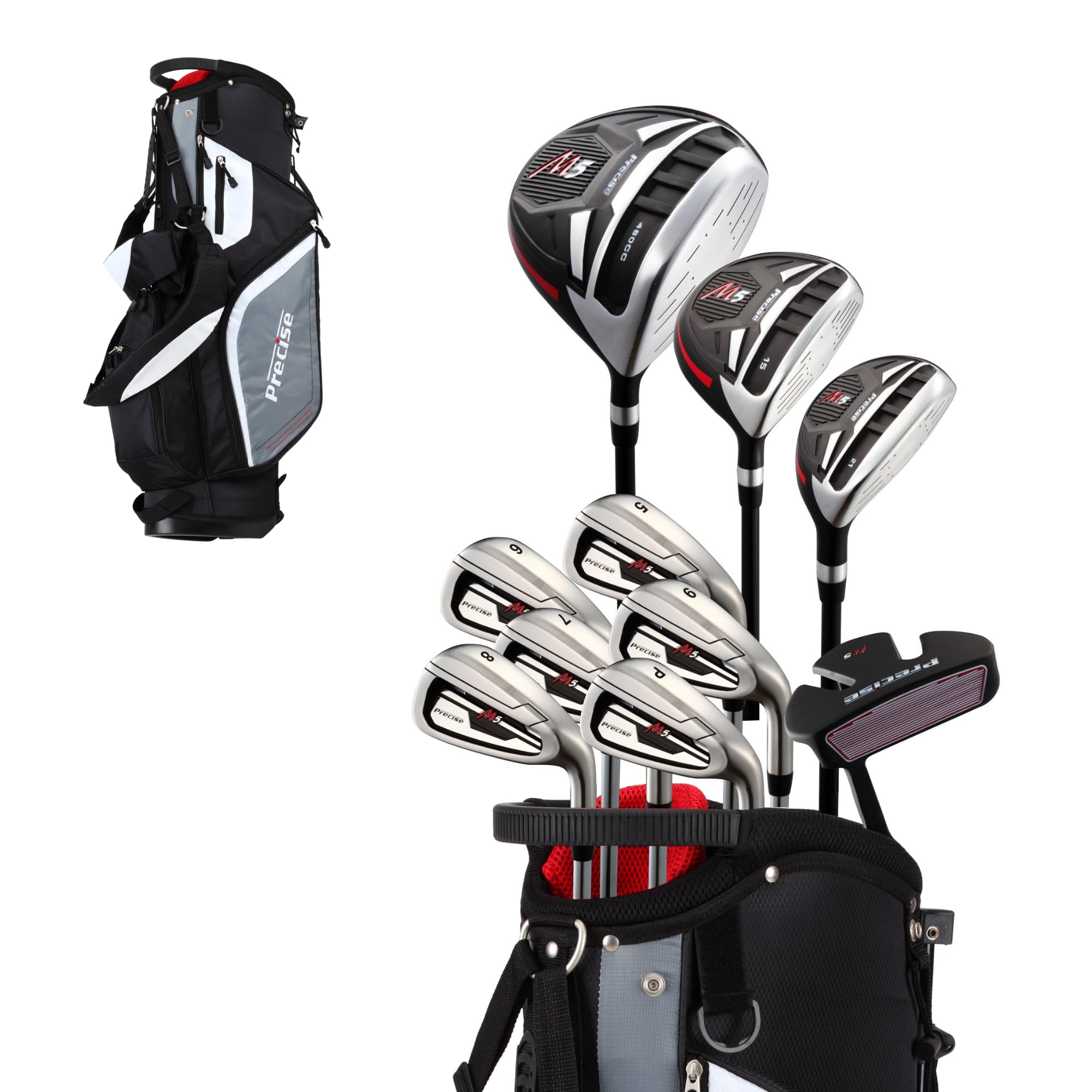Precise M5 Men’s Golf Set – 460cc Driver, Wood, Hybrid, 5-PW Irons, Putter, Stand Bag, 3 Headcovers – RH/LH, Short/Regular/Tall