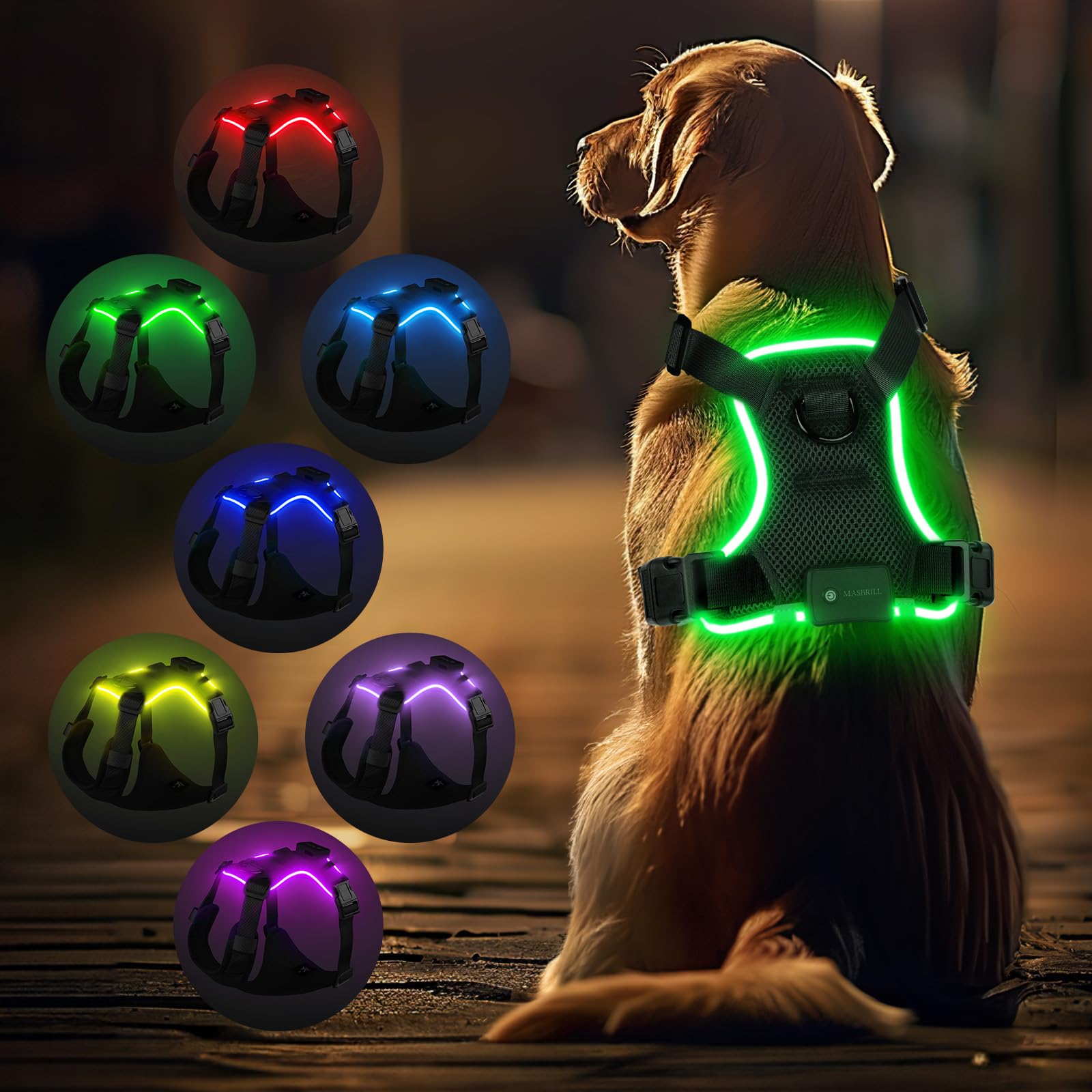 MASBRILL Light Up Harness, Rechargeable LED Dog Harness for Puppy to Large Dog, 7 Colors, 23 Lighting Modes, Glowing, Adjustable, Waterproof for Night Walking (Black,XS)