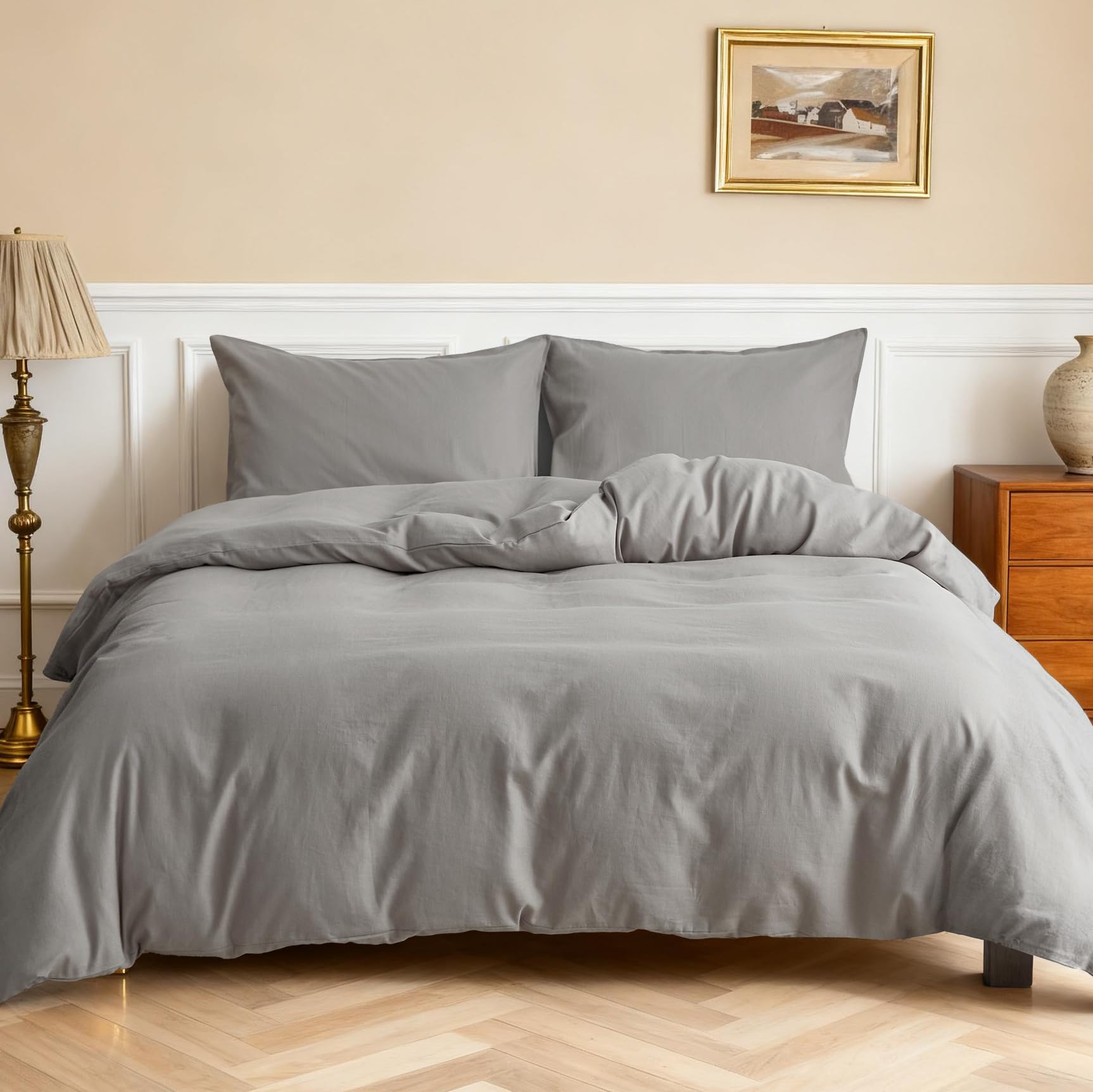 Simple&Opulence Linen Duvet Cover Double,Natural Linen Cotton Duvet Cover with Pillowcase,Duble Size Bedding Set,Soft Warm Breathable Bed Quilt Cover with Button Closure,200x200cm,Grey — image 1