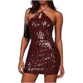 Floerns Women's Sparkly Sequin Sleeveless Halter Dress Glitter Open Back Bodycon Party Mini Dresses