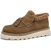 BEAU TODAY Fur Lined Platform Tassel Loafers for Women,Chunky Winter Shoes for Women,Slip-on Leather Retro Tassel Loafers,Comfortable Work Office Casual Dress Boots