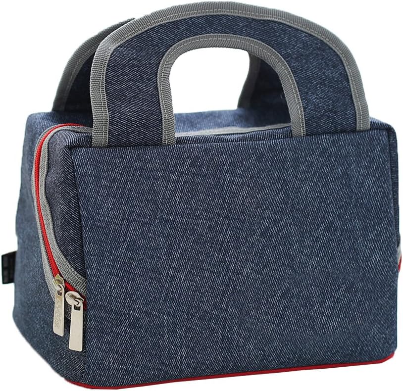 Insulated Lunch Bag Cooler Tote Bags For Women Men Kids, Travel Picnic Foods Box Drinks Thermal Carry Bag Container Organizer Case Handbag (Square Blue&Grey grey straps, 9x7x6.3inch)