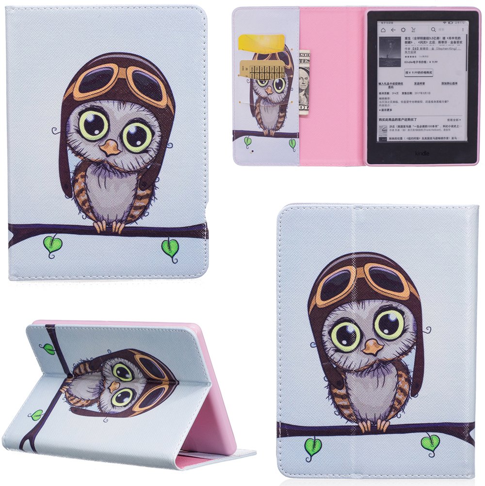 Ooboom® All-New Kindle E-reader (8th Generation 2016) Case Slim Folding Flip Cover Wallet Stand with Credit Card Slots Cash Holder for Amazon All-New Kindle (6" Display, 8th Gen 2016 Release) - Owl