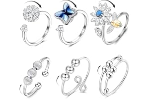 6 Pcs Open Rings Set, Anti Anxiety Ring for Women, Adjustable Fidget Rings with Beads, Band Ring, Geometric Round Beads Bee F