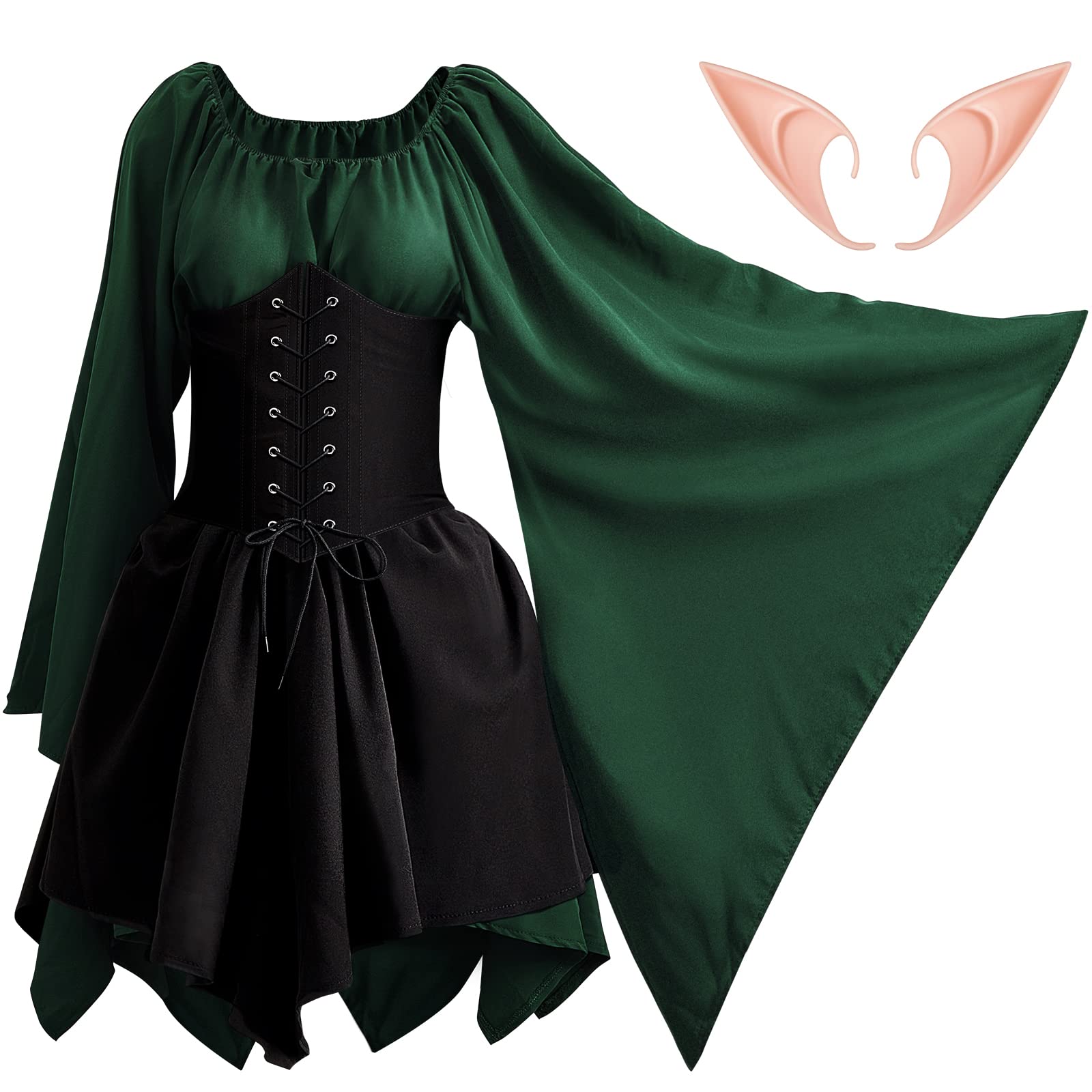 Photo 1 of Coume Women Renaissance Costume Traditional Irish Dress Fairy Medieval Ears for Halloween Cosplay Party(Small,Green, Black)