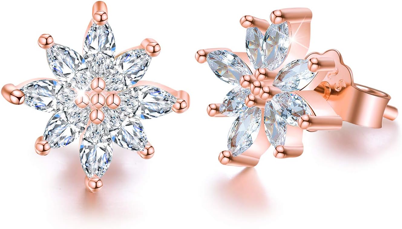 ✦Gifts for Christmas✦Esberry 18K Gold Plating 925 Sterling Silver Earrings Bride Wedding Earrings Cubic Zirconia Snowflake Stud Earrings Marquise Shape CZ Hypoallergenic Earrings for Women