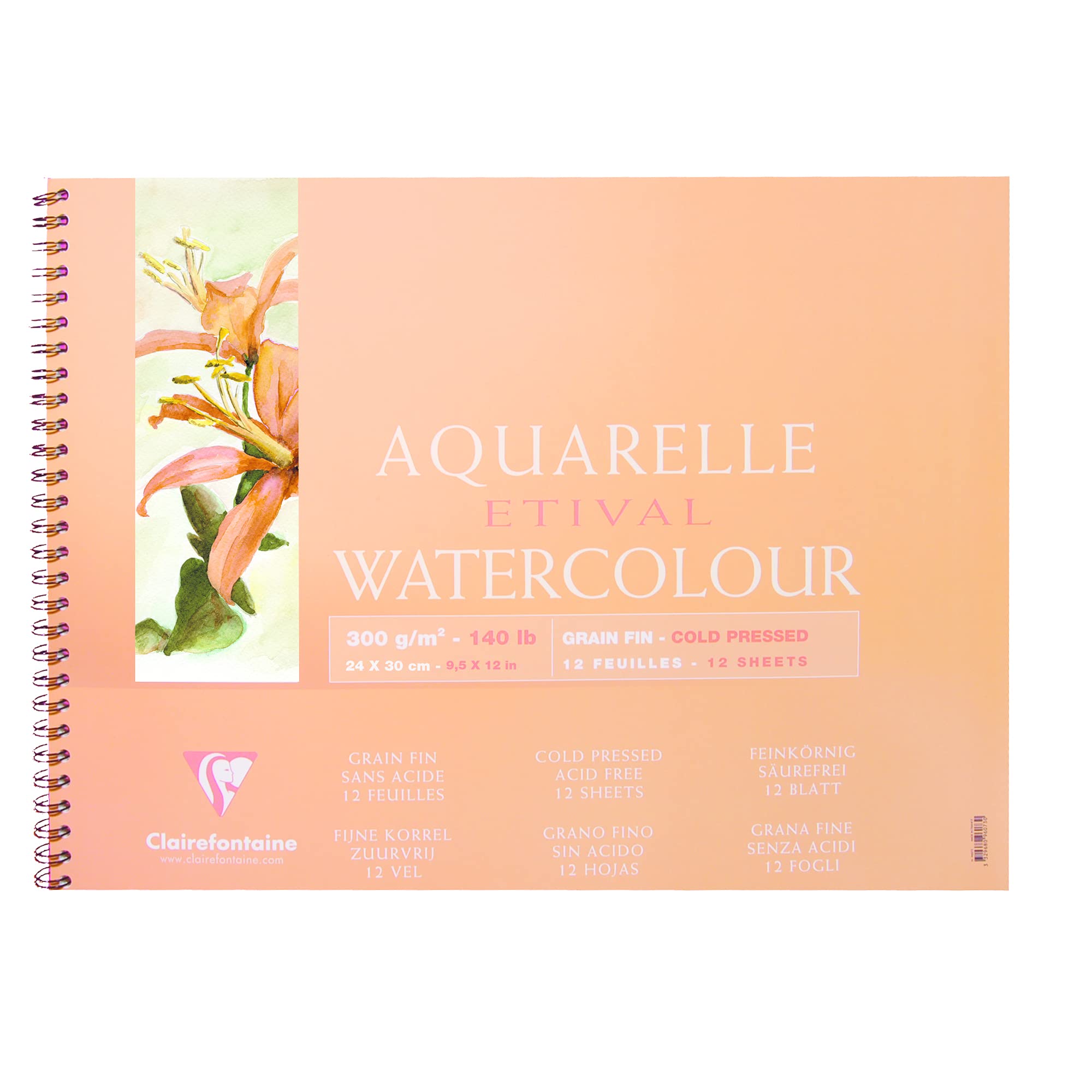 Clairefontaine - Ref 96071C - Etival Cold Pressed Wirebound Watercolour Painting & Drawing Pad (12 Sheets of Paper) - 24 x 30cm - 300gsm Cellulose Art Paper