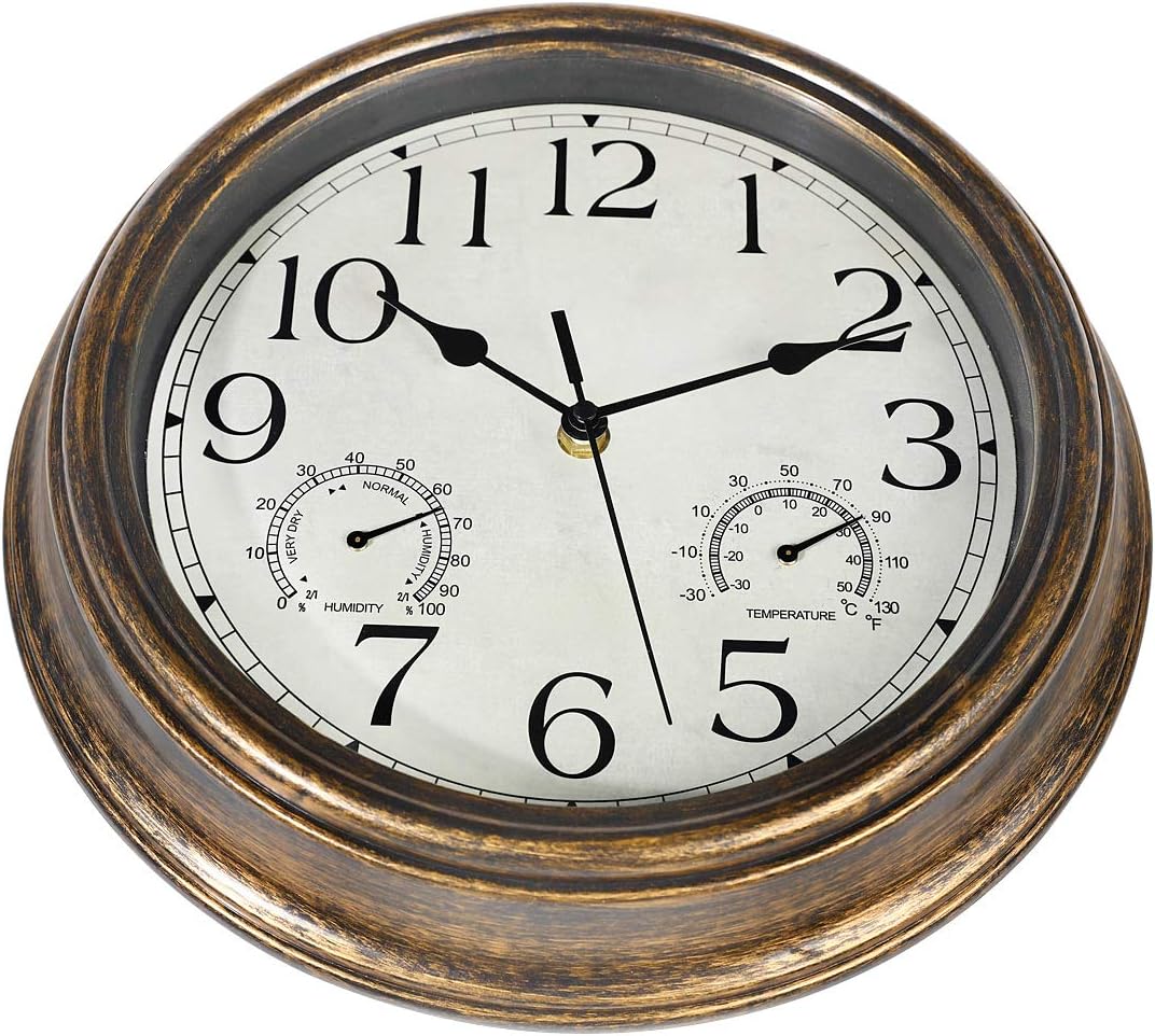Yumt 12-Inch Waterproof Wall Clock with Thermometer and Hygrometer Combo,Vintage Silent Non-Ticking Battery Operated Clock Wall Decorative- Bronze