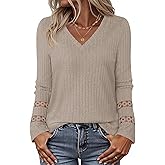 MEROKEETY Womens Long Sleeve Tops 2025 Trendy Fall Winter V Neck Ribbed Sweaters Casual Shirts Blouses