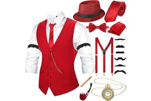 Neer 1920s Men Costume Accessories Outfit with Gangster Vest Hat Vintage Pocket Watch Bow Tie Suspenders Accessories