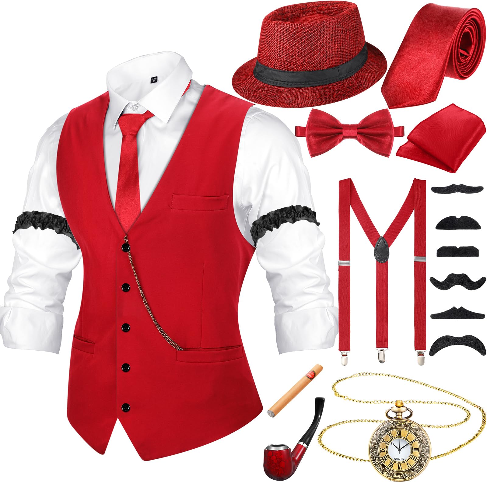 Hestya 1920s Mens Costume Accessories Outfit with Gangster Vest Fedora Hat Vintage Pocket Watch Bow Tie Suspenders Cigar (Wine Red, Medium)