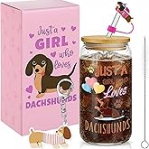 Wavwavw Pink Christmas Dachshund Glass Cup Set - 16 oz Dachshund Tumbler for Women Weiner Dog Lovers Owners, with Lid Straw Keychain & Cleaning Brush, Gift for Birthday Mother's Day Christmas