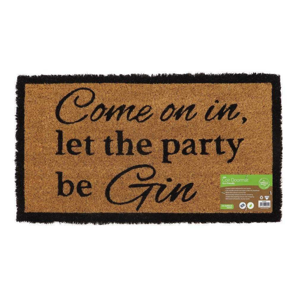 JVL Eco-Friendly Novelty Latex Backed Coir Entrance Door Mat, Gin Design, Brown