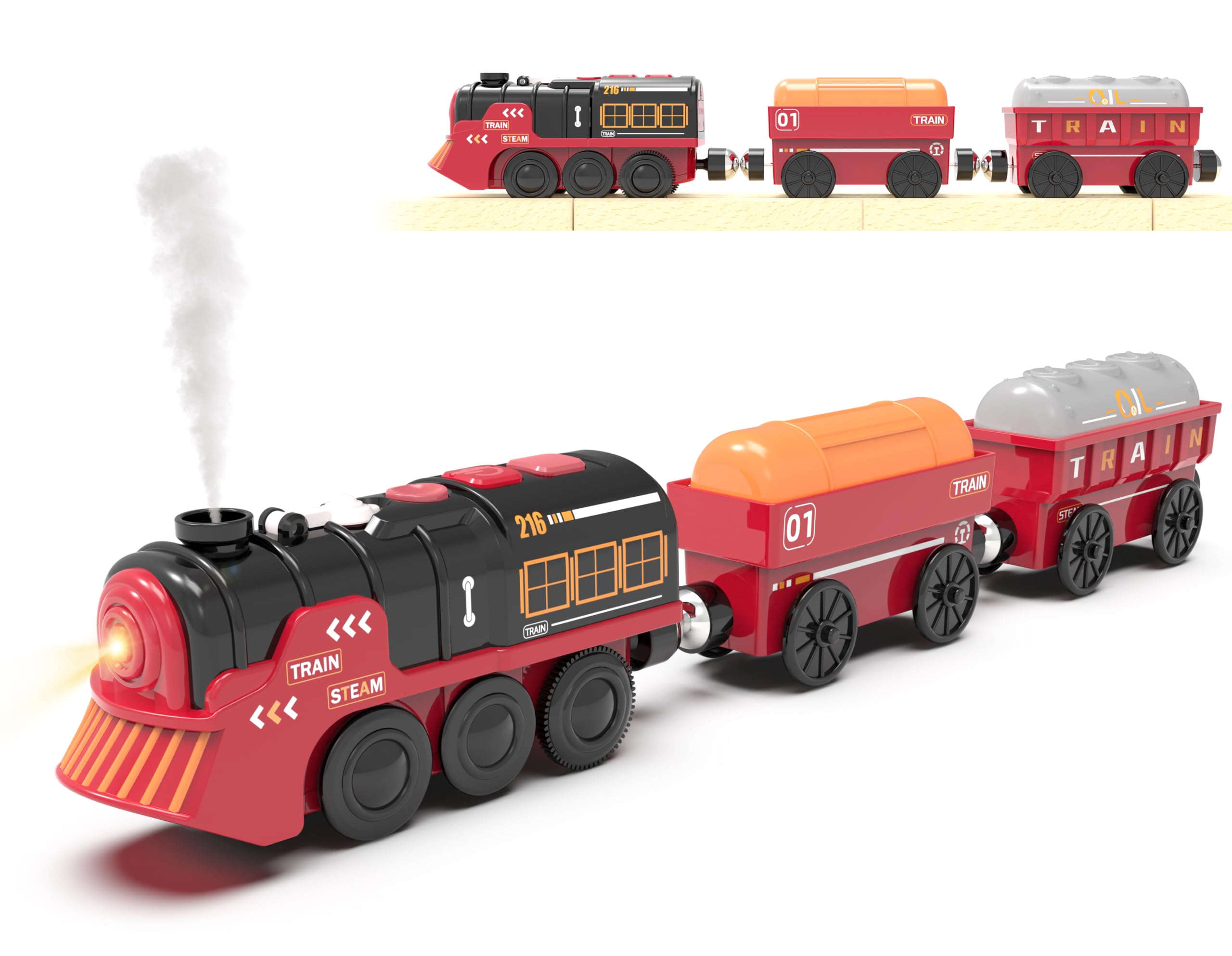 Toy Train Electric Train Set for Wooden Tracks, Christmas Motorized Trains Toys for Toddlers, Battery Operated Trains Includes Lights, Sounds, Smoke, Steam Train Compatible with Thomas, Brio