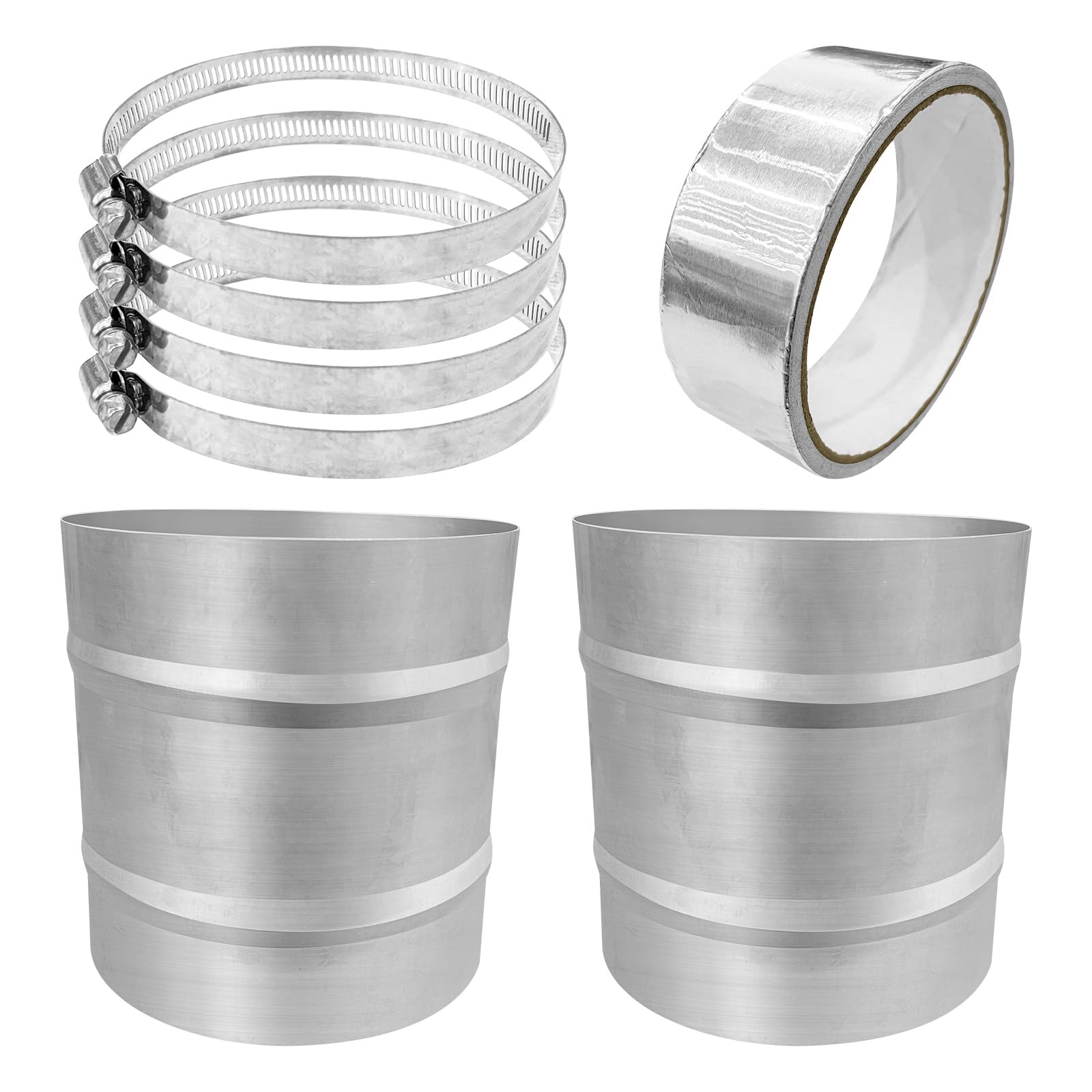 Photo 1 of *NOT ON ORIGINAL PACKAGE* 4 Inch Metal Duct Connector, 2Pcs Stainless Steels Ventilation Duct Extension Round Dryer Vent Coupler with 16FT Aluminum Foil Tape and Hose Clamp, Metal Vent Duct Hose Coupling Pipe Connector