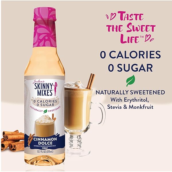 JORDAN’S SKINNY MIXES SYRUPS SUGAR FREE SYRUP, CINNAMON DOLCE SYRUP, 12.6 OZ, ZERO SUGAR AND ZERO CALORIE FLAVORING FOR COFFEE, PROTEIN SHAKE, COCKTAIL OR MOCKTAIL DRINKS AND MORE, NATURALLY SWEETENED LINE