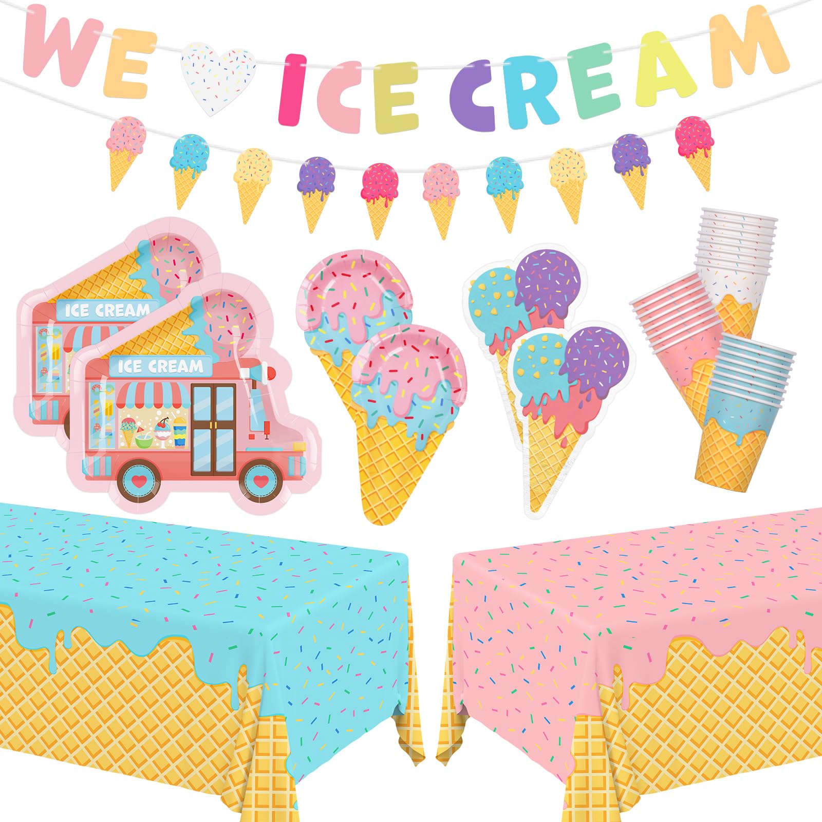 Ice Cream Party Supplies Kit for 24: Ultimate Bundle with Vibrant Paper Plates, Napkins, Cups, Tablecloth & Banner - Ice Cream Birthday Party Decorations