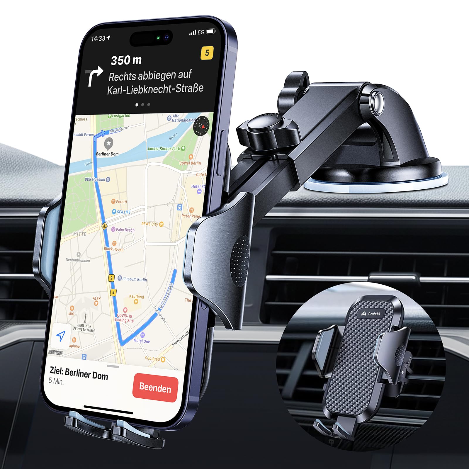 andobil Handyhalterung Auto [2026 Neueste Saugnapf] 3 in 1 Saugnapf & Lüftung Halter Universale KFZ Autohalterung Zubehör für iPhone 17 Pro Max Air 16/15/14/13/12 Samsung Galaxy S25 Ultra/S24/S23 Usw