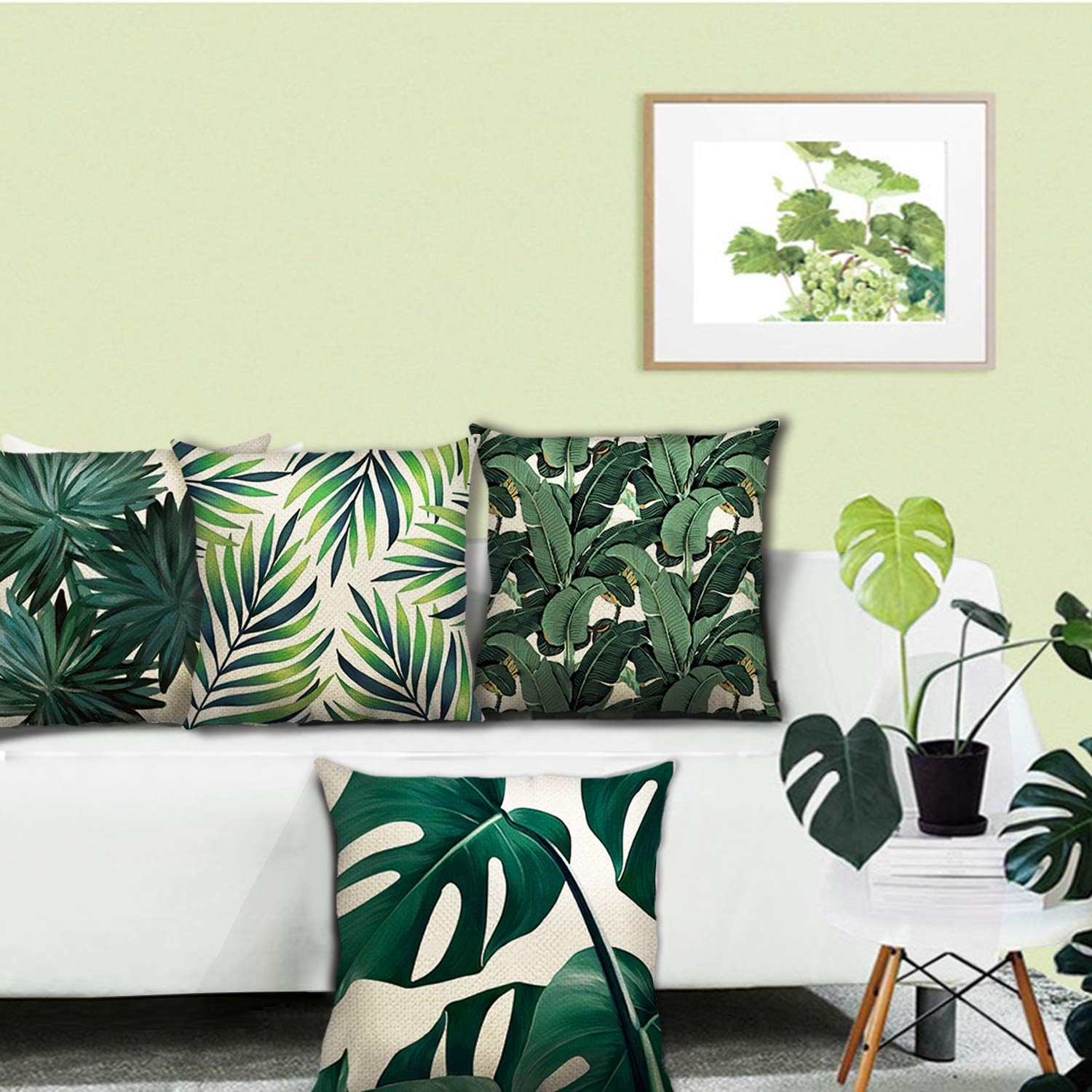Bonhause Tropical Leaves Cushion Covers 45 x 45 cm Green Leaf Decorative Throw Pillow Covers Polyester Linen Pillowcases for Sofa Garden Outdoor Home Decor Set of 4 - Image 4