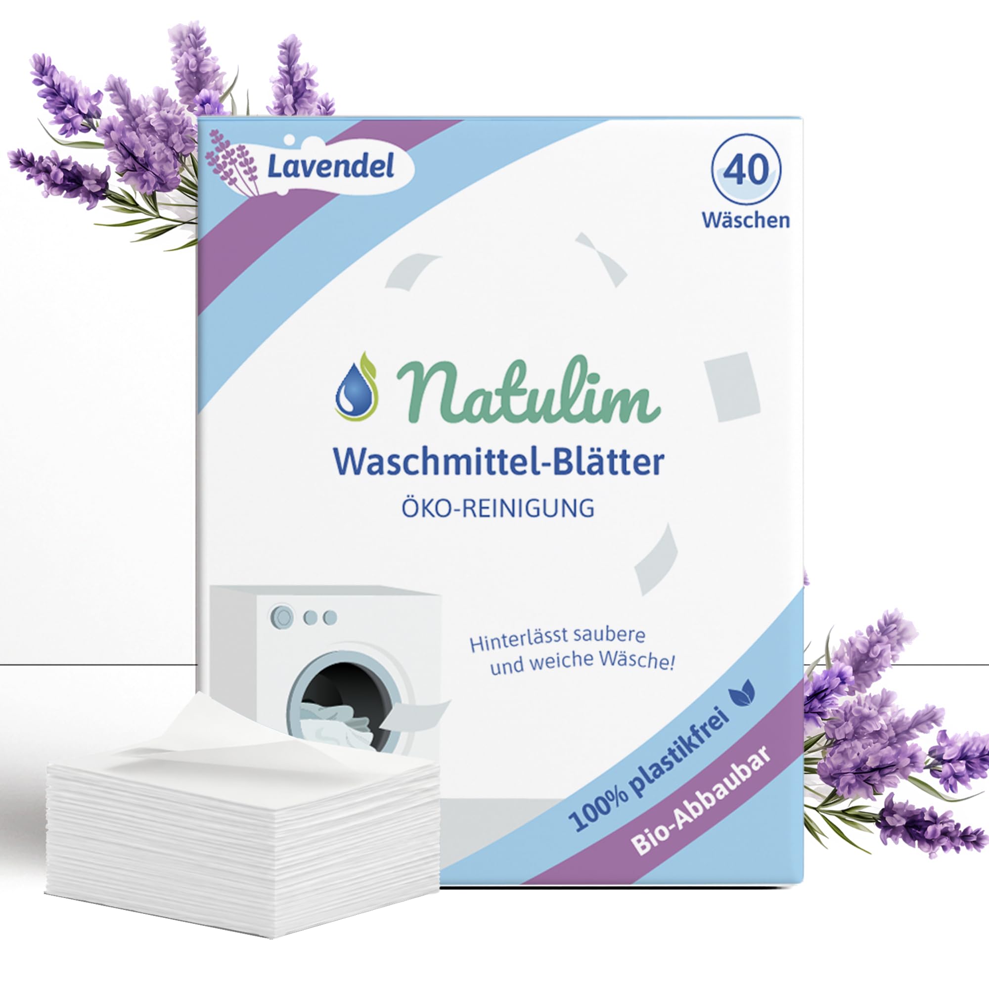 Natulim Waschmittel Blätter - Waschblätter für die Waschmaschine, Waschtücher für 40 Waschgänge - nachhaltige Waschstreifen ohne Plastik biologisch abbaubare Waschpapier Made in EU (Lavendel)