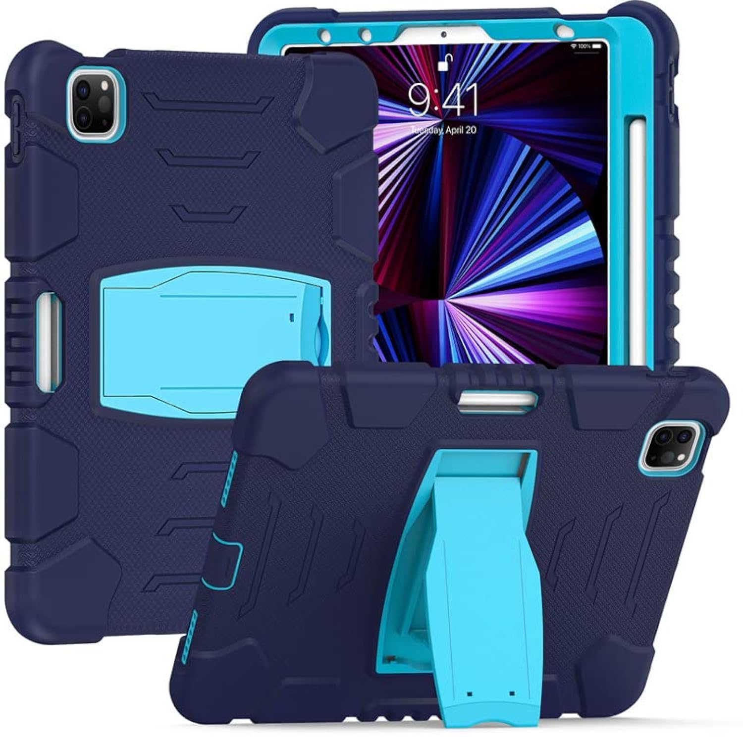 iPad Pro 11 2018/2020/2021 iPad Pro 11 Tablet Cases, Tablet Covers with Kickstand, Heavy Duty Hybrid Shockproof Rugged Three Layer Case for Kids (Navy Blue+Blue)