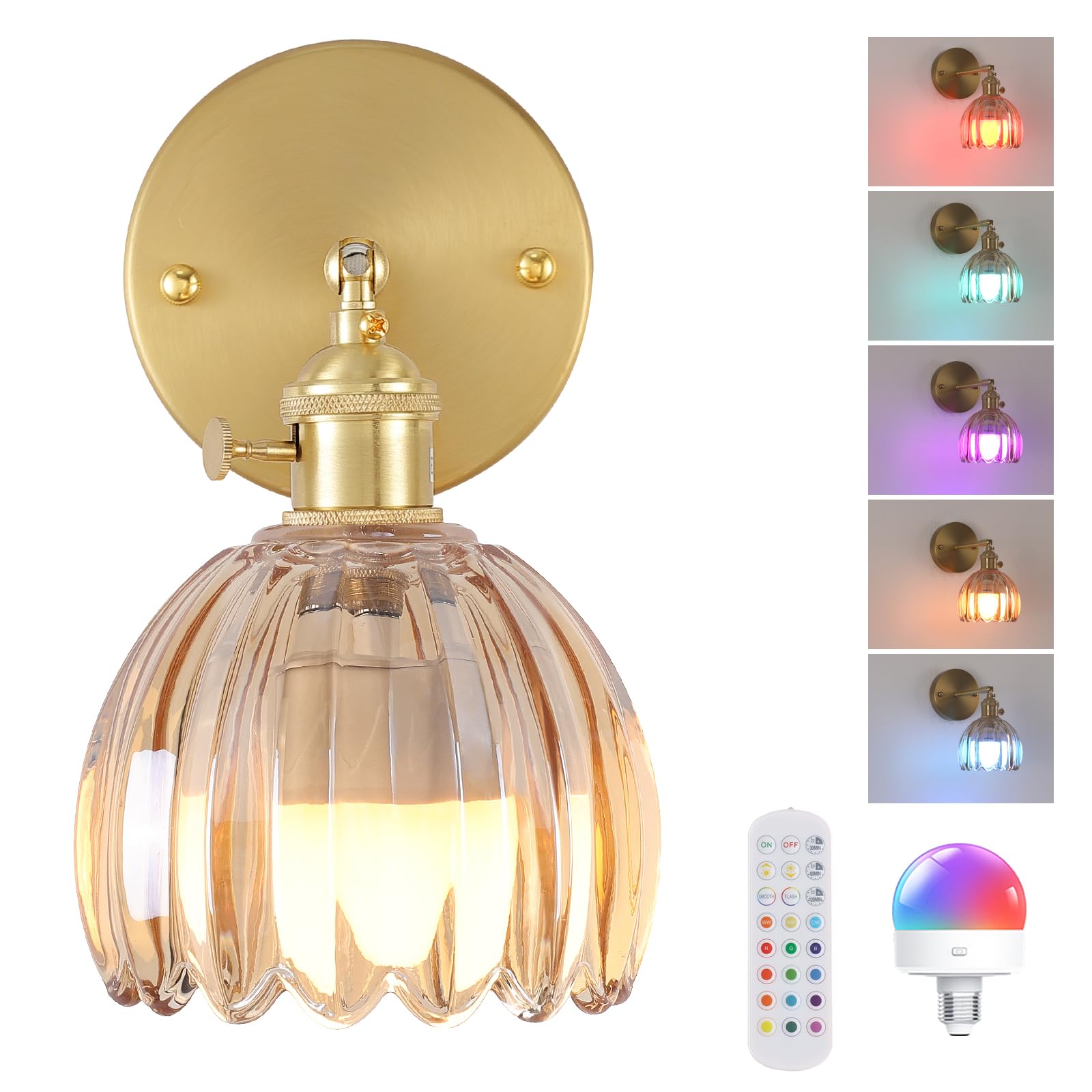 Photo 1 of Shenmoyl Vintage Battery Operated Wall Sconce with Amber Tulip Glass Lampshade Rechargeable Battery Powered Wall Light with Remote Control for Bedside Bedroom Doorway