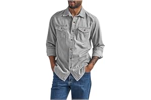 Mens Retro Button Down Shirt, Long Sleeve Denim Shirts for Men, Regular Fit Collared Business Casual Work Blouse