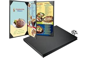 ONLVAN Restaurant Menu Covers Holders 8.5x11 Inch, Four View Leather Menu Holder Covers, Black Leather Menu Covers for Wine List, Drinks, Cafes, Bar, Hotel(8.5x11 inch/4 View-Book Style/1 pack)