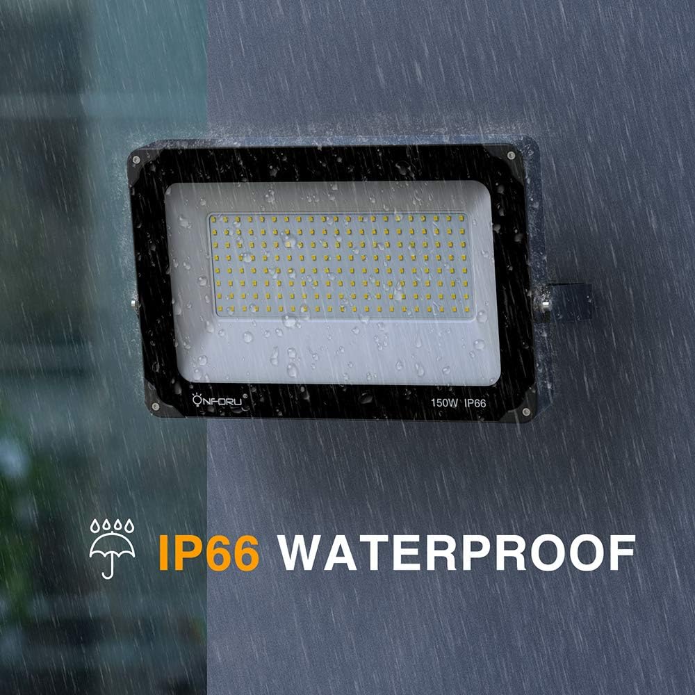 Onforu 150W LED Flood Light Outdoor, 15000lm Super Bright Security Light, IP66 Waterproof Exterior Floodlight, 5000K White Stadium Lights for Basketball Court, Parking Lots, Playground, Yard (2 Pack) - - 