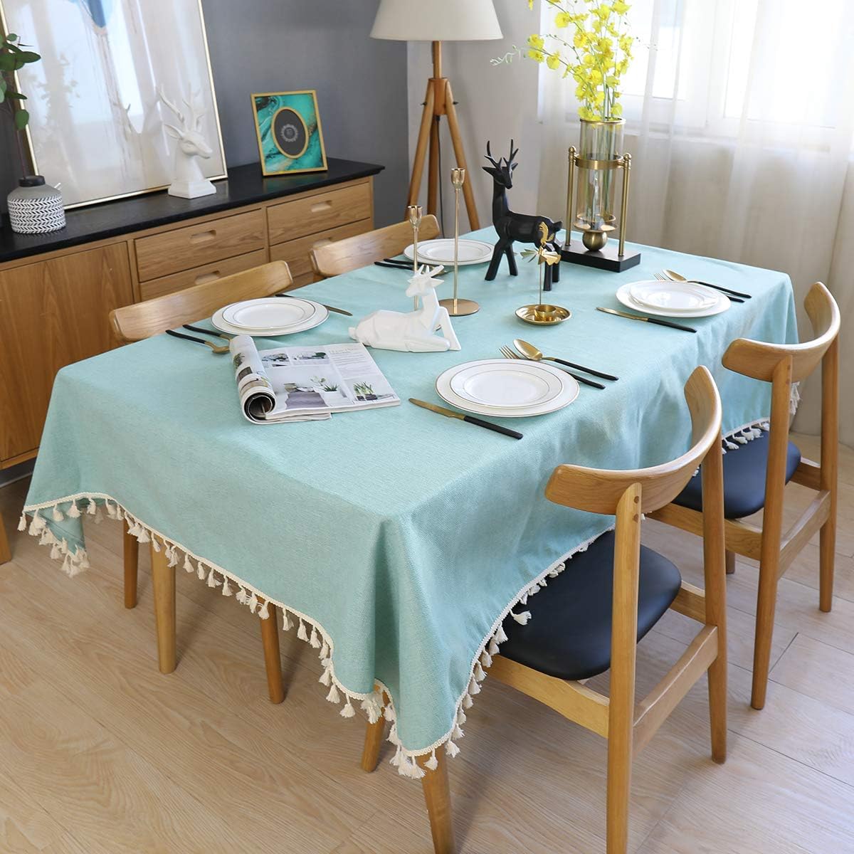 NEKKA Rectangle Tablecloth, Decorative Solid Color Oblong Table Cover, Cotton Linen Tassel Desk Cover for Kitchen Dining Tabletop Decoration, 86" x 55", Green