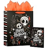 LEAYUGF 13" Large Halloween Black Gift Bags with Tissue Paper and Card Birthday For Kids Halloween Presents Warpping Holiday Trick or Treat Party with Handles