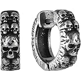 Raymard Vintage Skull Hoop Huggie Earrings for Men, Stainless Steel Punk Skeleton Biker Earrings