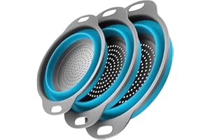 ONFAMICO Collapsible Colander Set of 3 - Heat Resistant Washing and Draining of Vegetables Fruits Pasta - Perfect for Kitchen and Travel Use (3PCS-Blue)