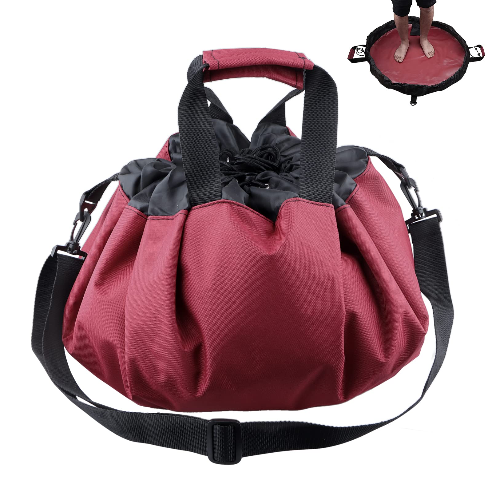 Pecihiko Wetsuit Changing Mat, Portable Large Beach Dry Bag Waterproof Wetsuit Bag with Wrap Handle, Adjustable Detachable Shoulder Strap, Drawstring and Pocket for Surfing Diving Swimming Red