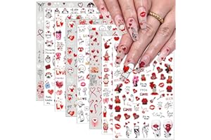KZBTRBT 8 Sheets Valentine's Day Nail Art Stickers Decals,3D Self-Adhesive Nail Art Supplies Red Rose Lovers Lips Gnomes Designs Sticker Romantic Love Heart Manicure DIY Nail Decorations for Women Girls