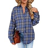 Febriajuce Womens Long Sleeve Plaid Shirts Flannel Collared Button Down Shacket Casual Rolled Up Boyfriend Blouse Tops Blue