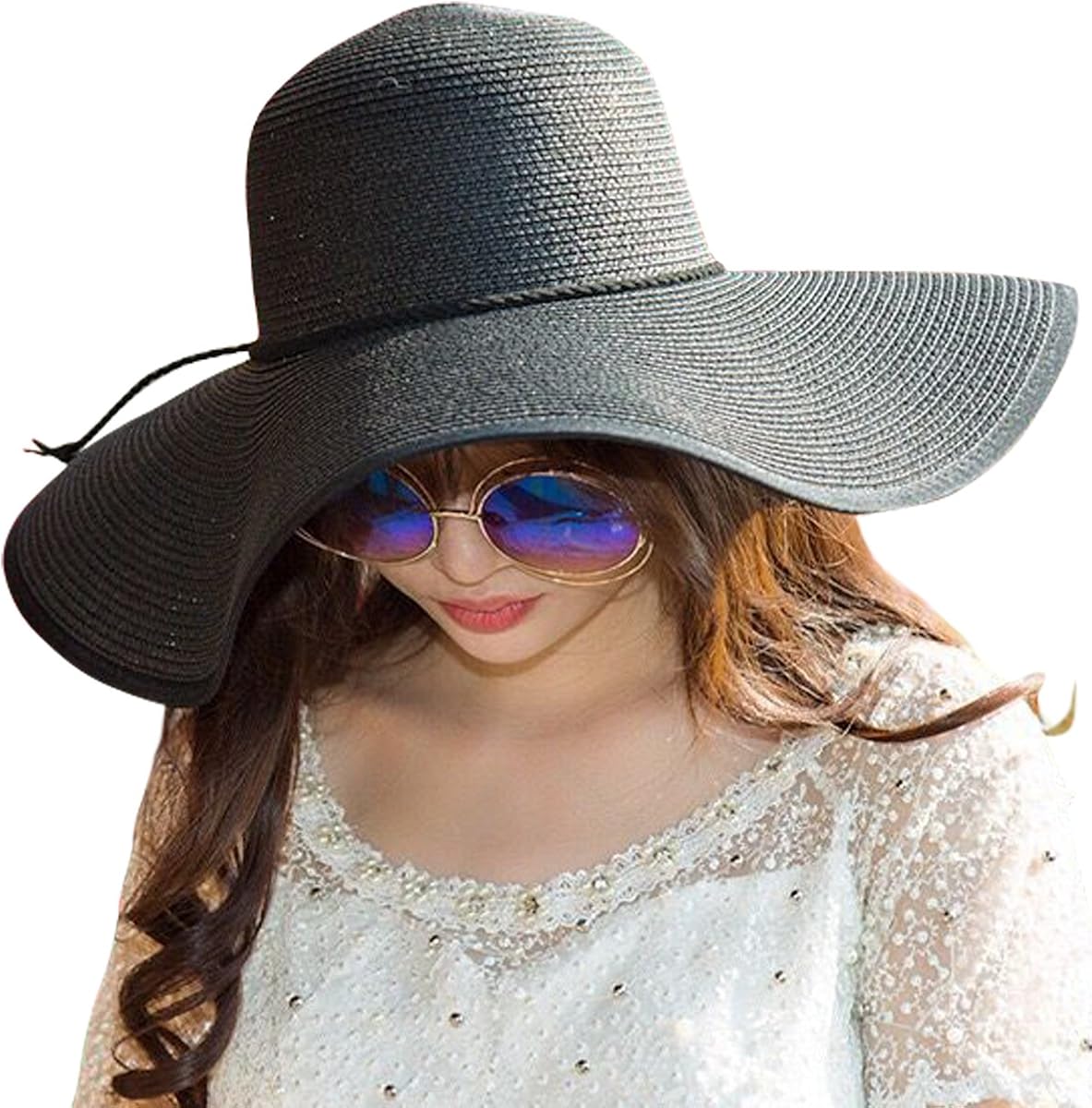 Lanzom Womens Wide Brim Straw Hat Big Floppy Foldable Roll up Cap Beach Sun Hat UPF 50+ (Style B-Black) at  Women’s Clothing store