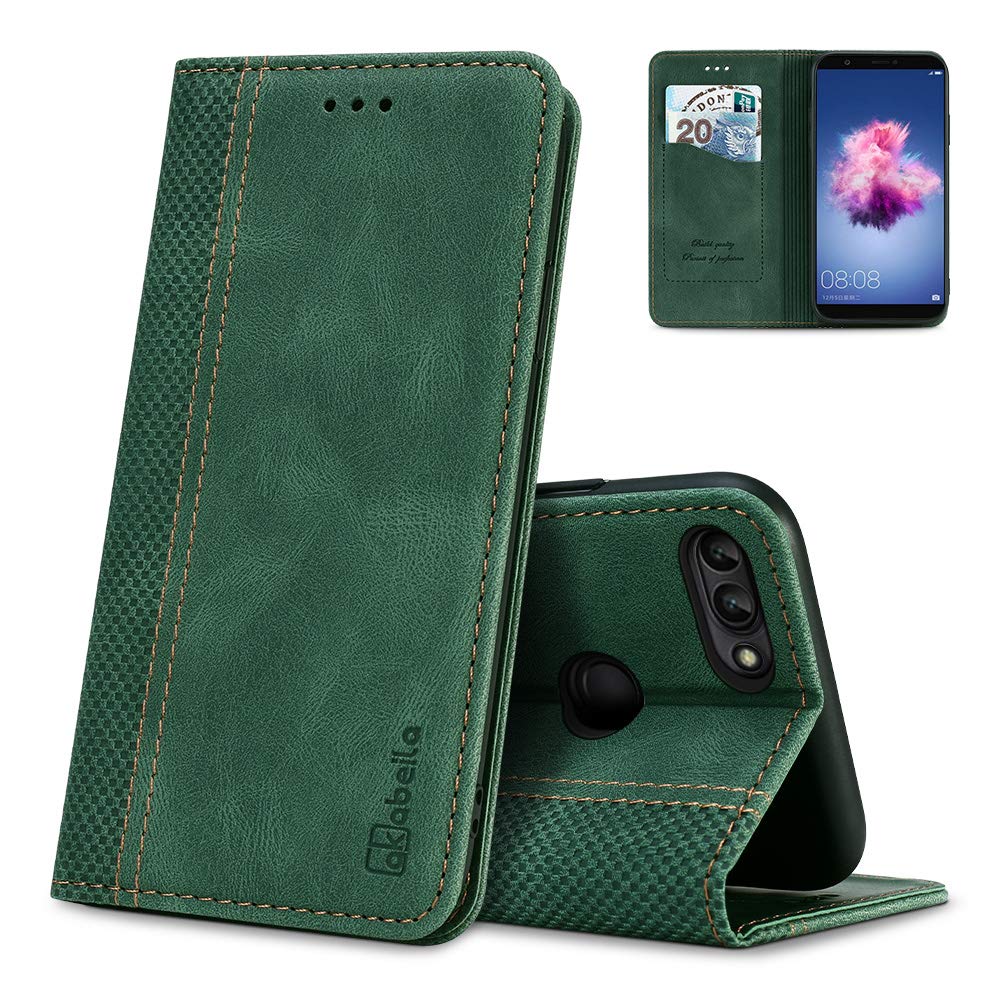 AKABEILA Case for Huawei P Smart 2018 (5.65") Premium Leather Flip Wallet Case with Magnetic Closure Kickstand Card Slots Folio Phone Cover Protective Screen Protector Holster Shell Shockproof Green